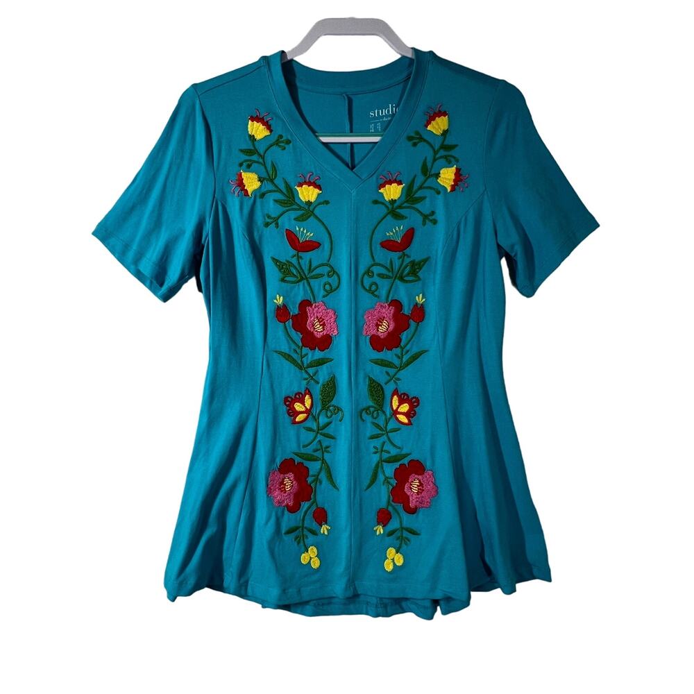 STUDIO BY D&CO Womens XS Teal Floral Embroidered V Neck Short Sleeve Top